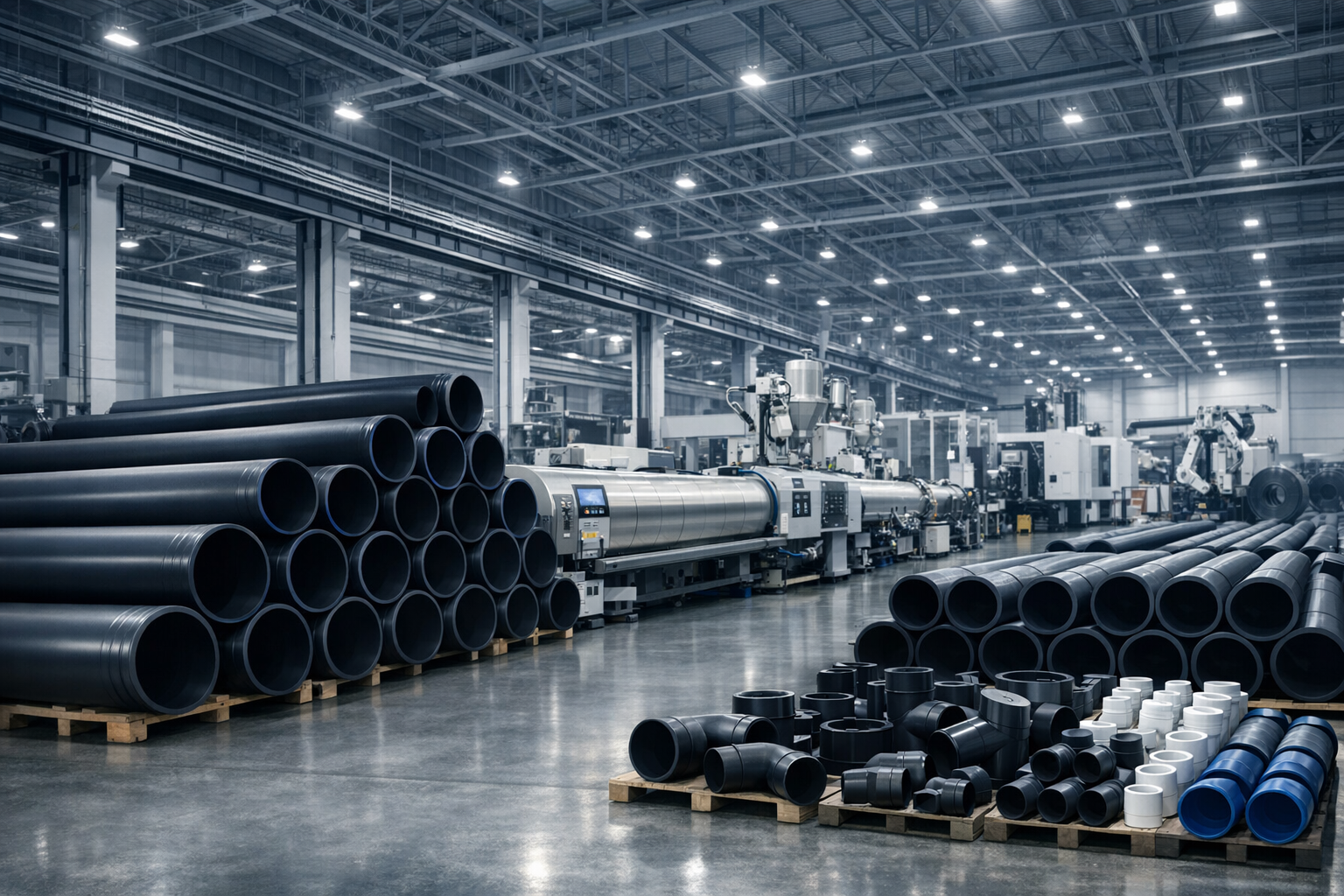 Modern Gulian Pipe manufacturing facility interior with industrial pipe production equipment and organized plastic piping inventory