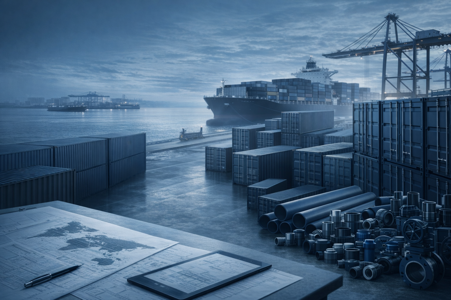 Global export logistics scene with shipping containers, cargo vessel and industrial piping products for manufacturer contact page