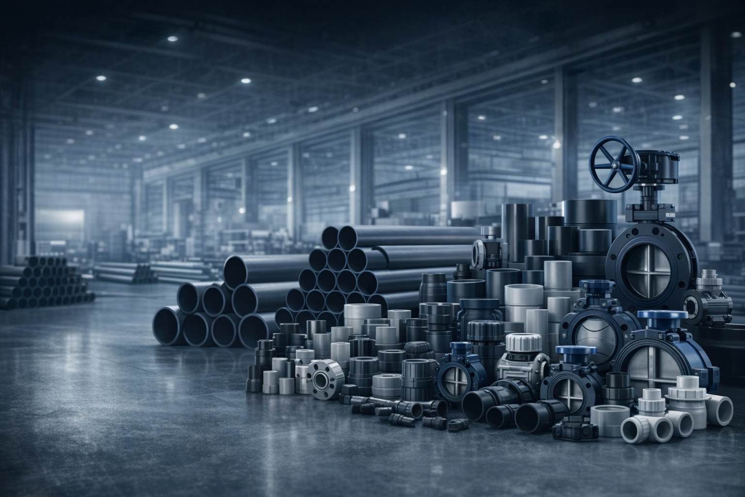 Industrial product matrix of plastic pipes, fittings and valves arranged as a premium B2B manufacturing hero background